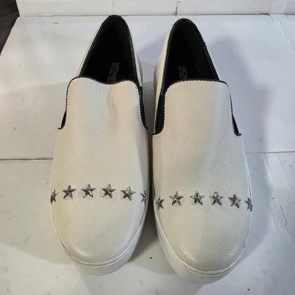 Michael Kors Keaton Star Studded Leather Slip On Platform Sneakers White 8M